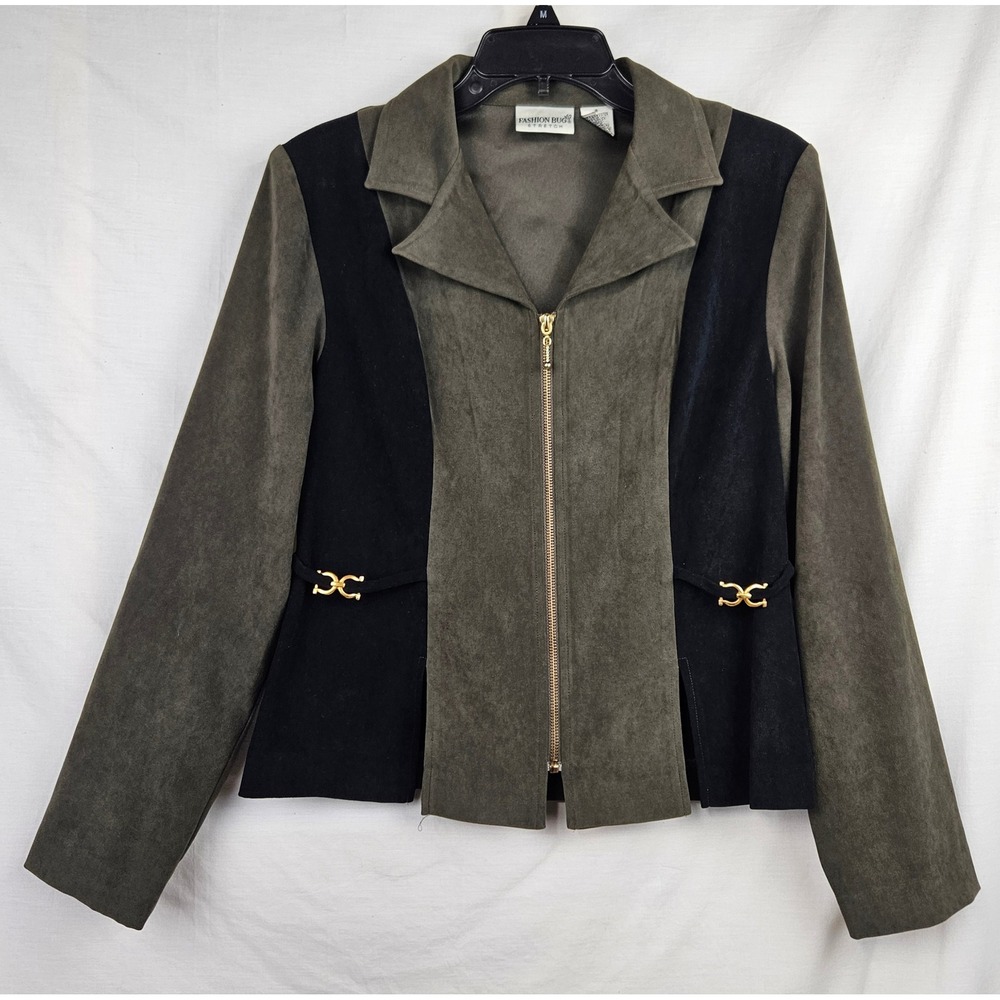 Fashion Bug Stretch 8 Olive Green Blk Colorblock Zip Front Jacket Gold Classic‎